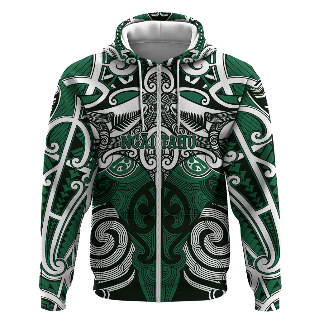 Personalised Maori Ngai Tahu Zip Hoodie Silver Fern Kowhaiwhai Art LT01 Zip Hoodie Green - Polynesian Pride