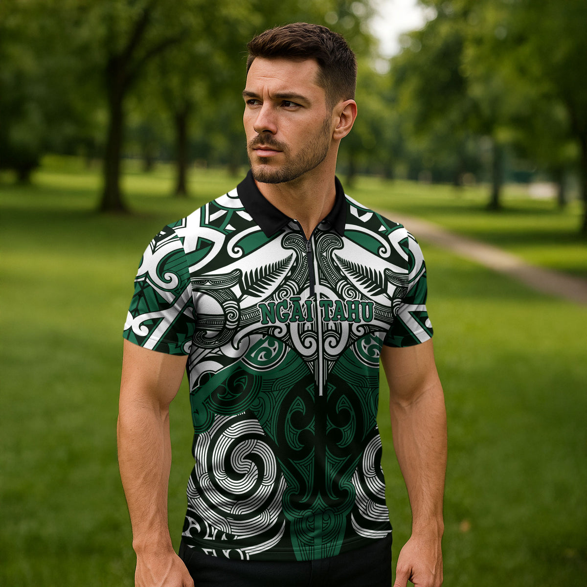 Personalised Maori Ngai Tahu Zipper Polo Shirt Silver Fern Kowhaiwhai Art LT01 - Polynesian Pride