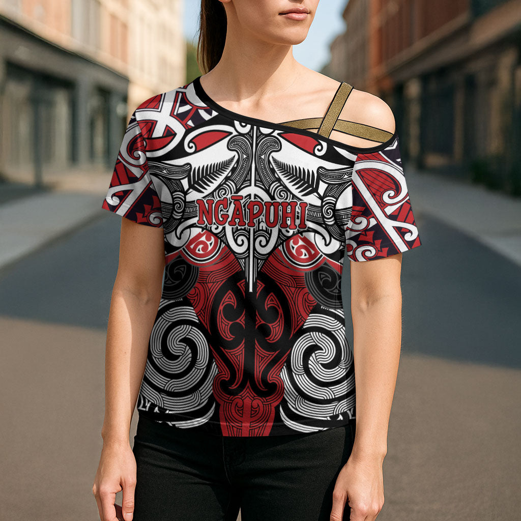 Personalised Maori Ngapuhi Cross Shoulder Shirt Silver Fern Kowhaiwhai Art LT01 - Polynesian Pride