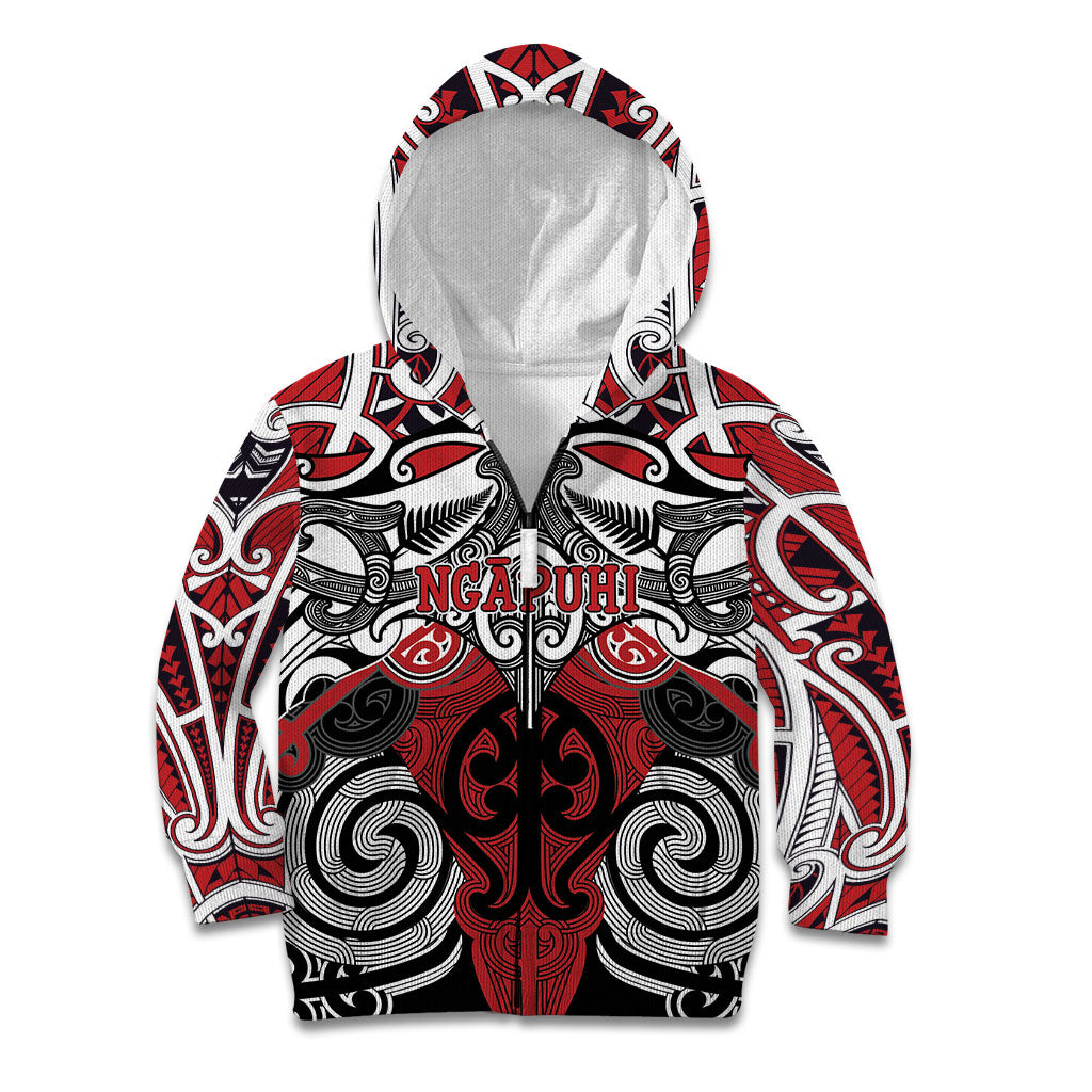 Personalised Maori Ngapuhi Kid Hoodie Silver Fern Kowhaiwhai Art LT01 Zip Hoodie Red - Polynesian Pride