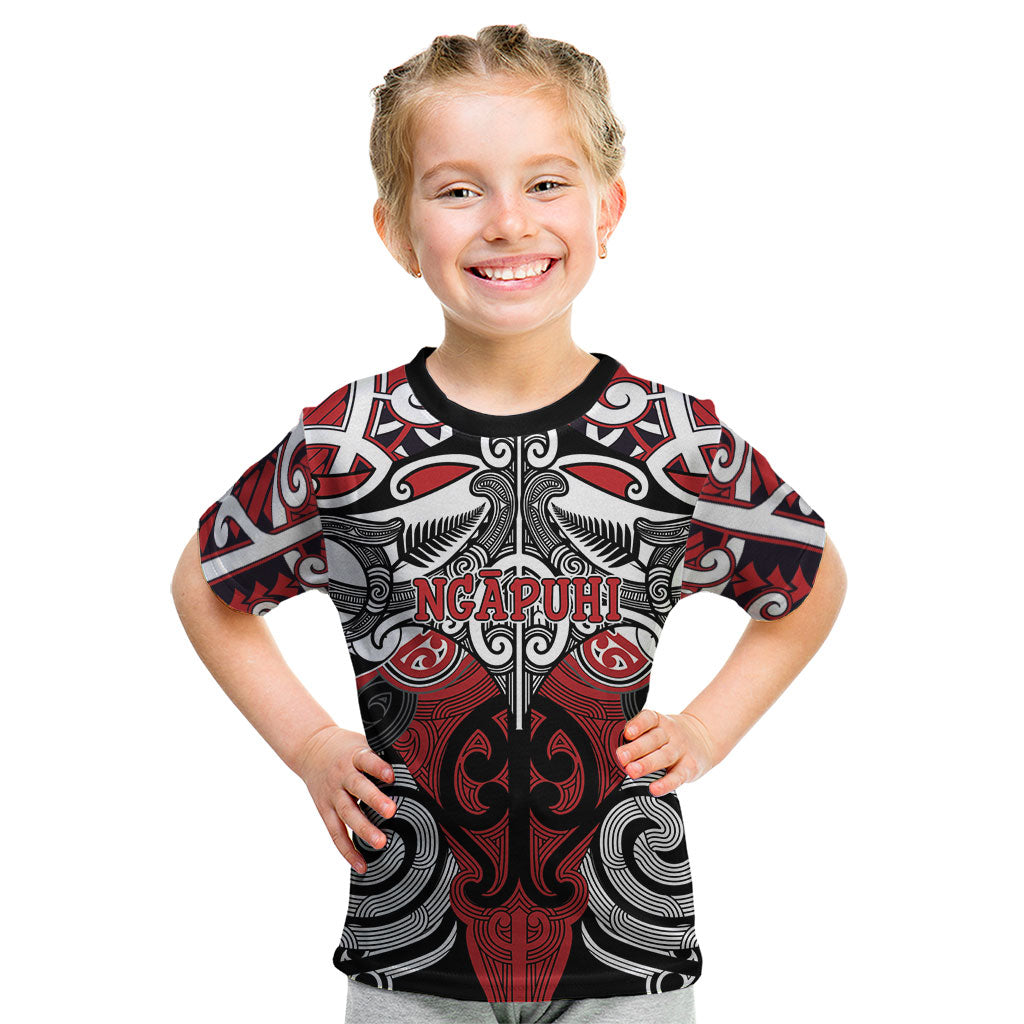 Personalised Maori Ngapuhi Kid T Shirt Silver Fern Kowhaiwhai Art LT01 Red - Polynesian Pride