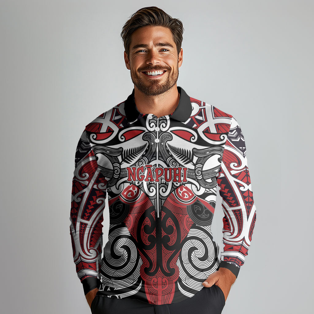 Personalised Maori Ngapuhi Long Sleeve Polo Shirt Silver Fern Kowhaiwhai Art LT01 - Polynesian Pride