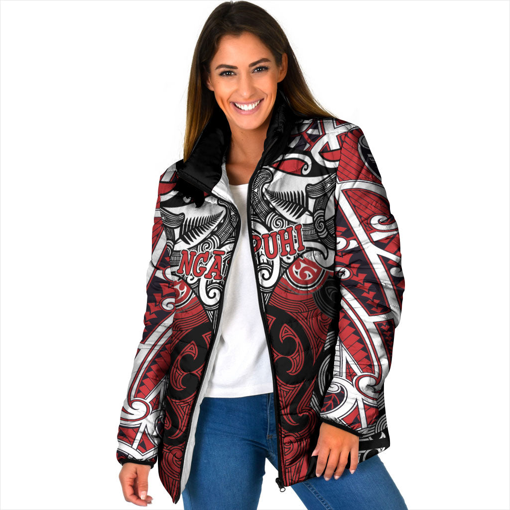 Personalised Maori Ngapuhi Padded Jacket Silver Fern Kowhaiwhai Art LT01 Women Red - Polynesian Pride