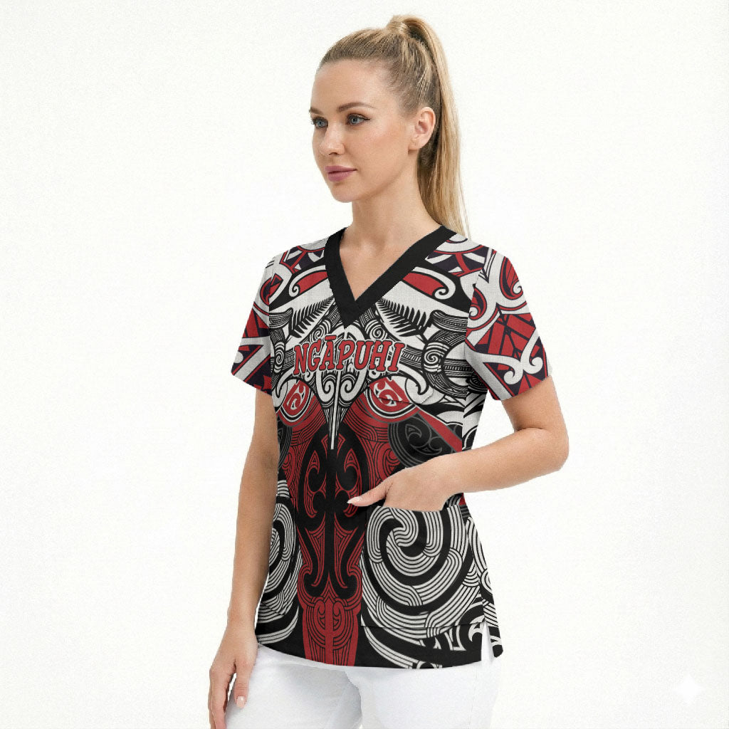 Personalised Maori Ngapuhi Scrub Top Silver Fern Kowhaiwhai Art LT01 - Polynesian Pride