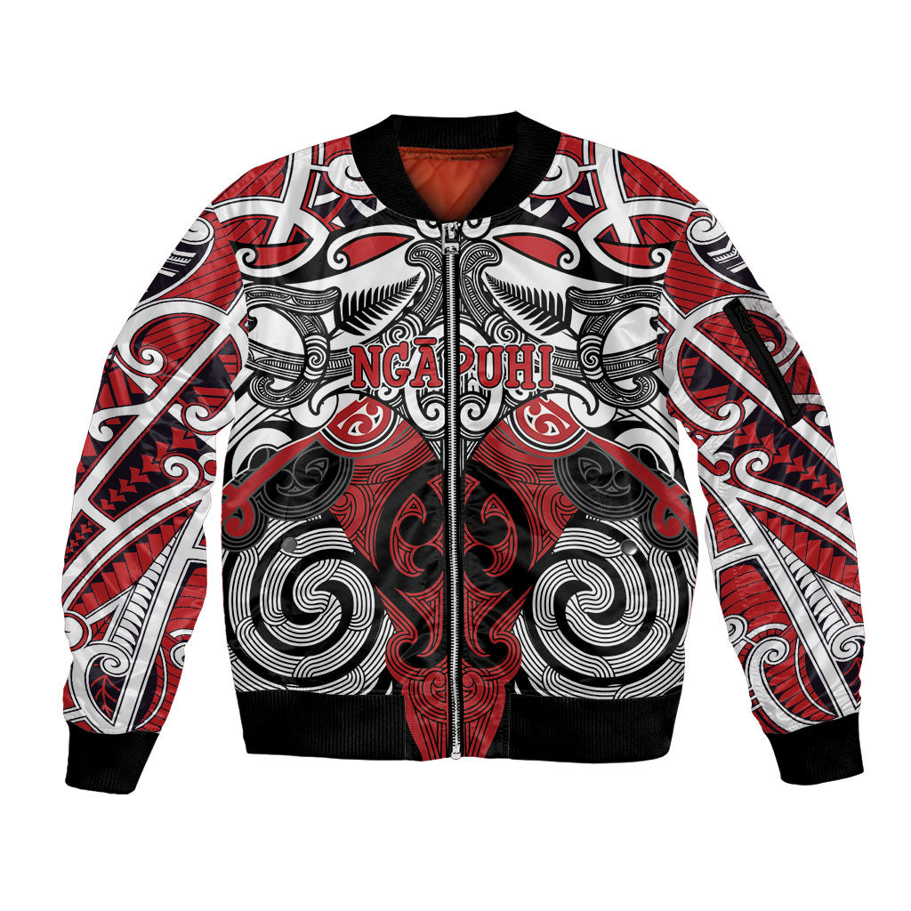 Personalised Maori Ngapuhi Sleeve Zip Bomber Jacket Silver Fern Kowhaiwhai Art LT01 Unisex Red - Polynesian Pride
