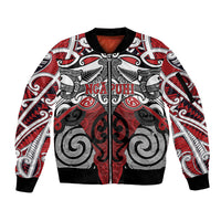 Personalised Maori Ngapuhi Sleeve Zip Bomber Jacket Silver Fern Kowhaiwhai Art LT01 Unisex Red - Polynesian Pride