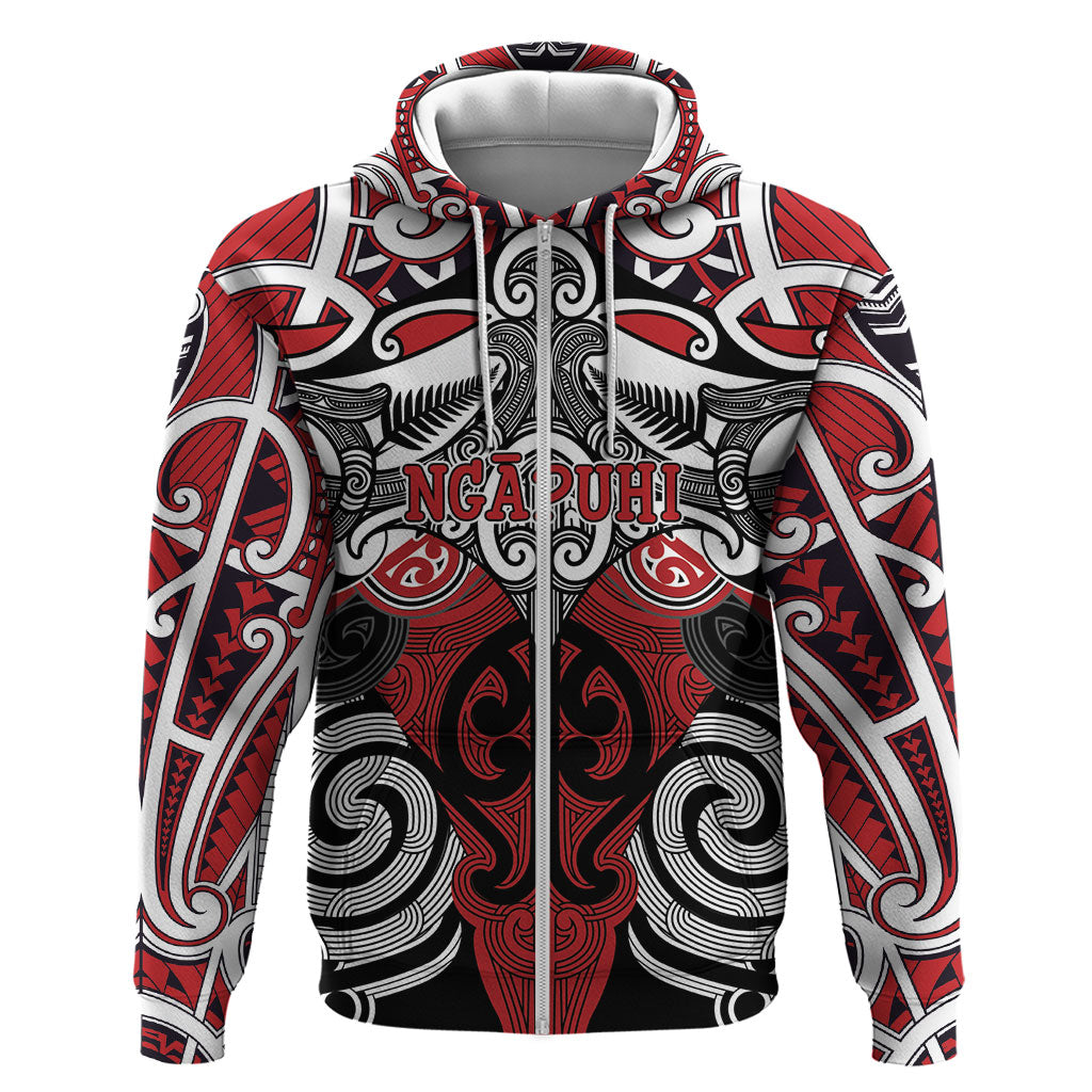 Personalised Maori Ngapuhi Zip Hoodie Silver Fern Kowhaiwhai Art LT01 Zip Hoodie Red - Polynesian Pride