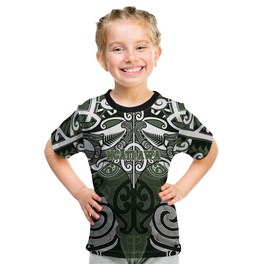 Personalised Maori Ngati Awa Kid T Shirt Silver Fern Kowhaiwhai Art LT01 Green - Polynesian Pride