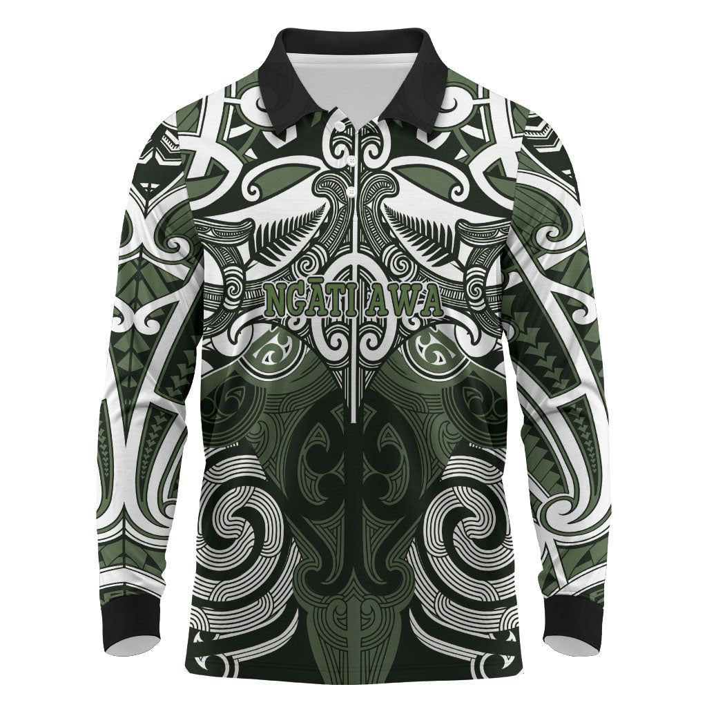 Personalised Maori Ngati Awa Long Sleeve Polo Shirt Silver Fern Kowhaiwhai Art LT01 Green - Polynesian Pride