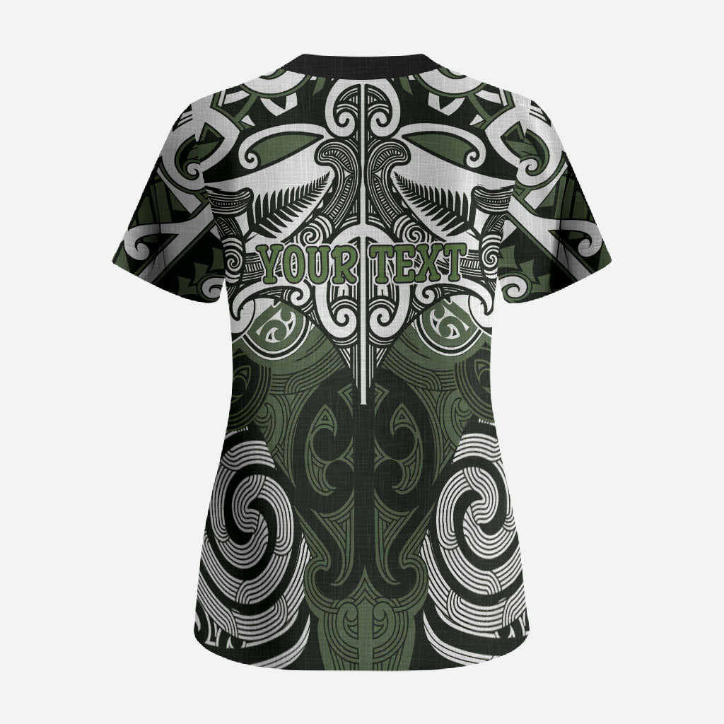 Personalised Maori Ngati Awa Scrub Top Silver Fern Kowhaiwhai Art LT01 - Polynesian Pride