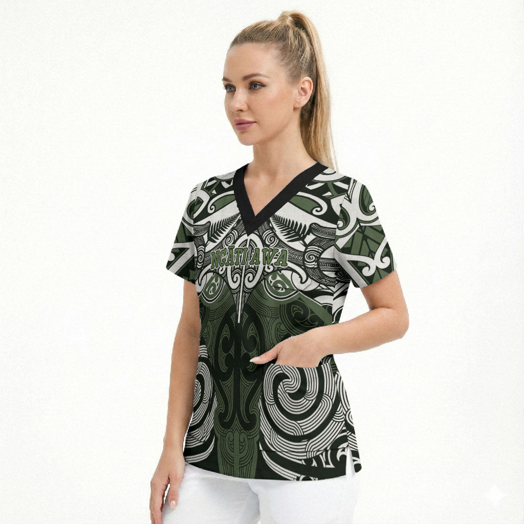 Personalised Maori Ngati Awa Scrub Top Silver Fern Kowhaiwhai Art LT01 - Polynesian Pride