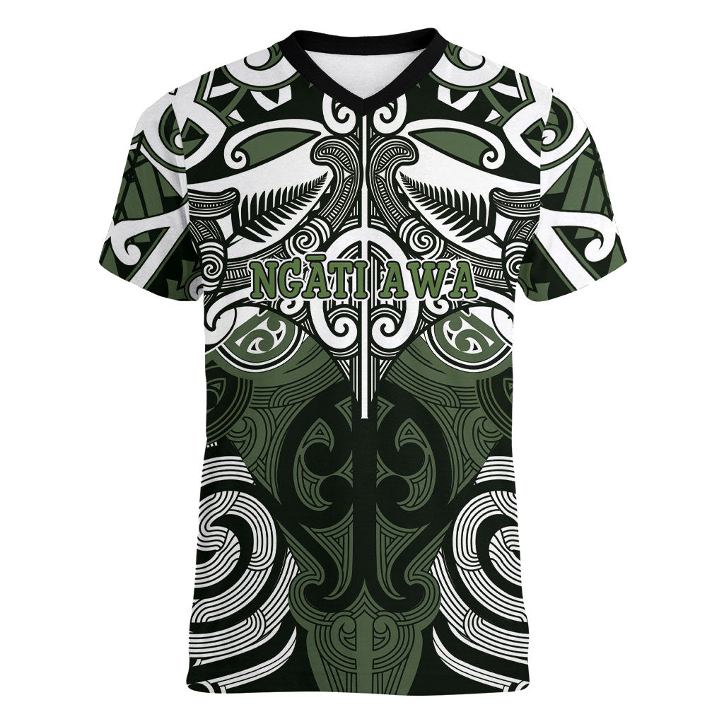 Personalised Maori Ngati Awa Women V-Neck T-Shirt Silver Fern Kowhaiwhai Art LT01 Female Green - Polynesian Pride