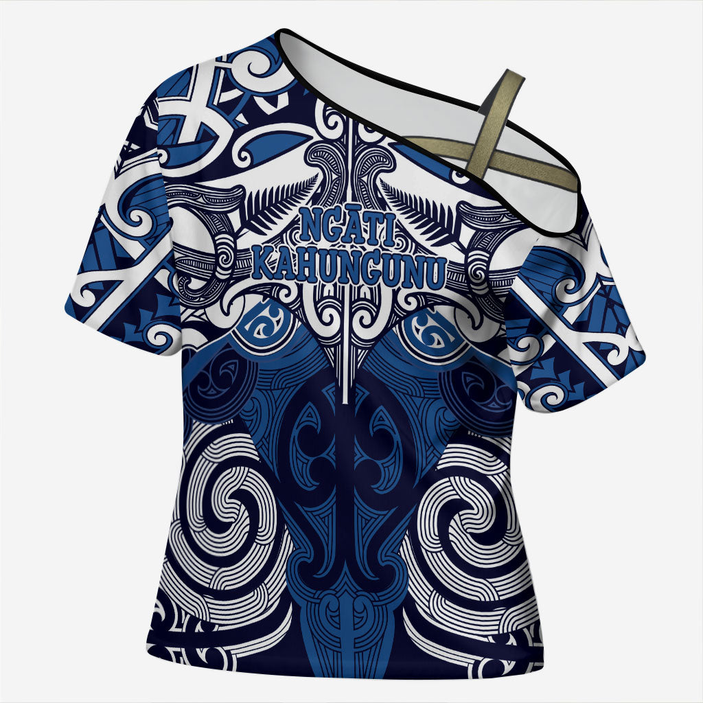 Personalised Maori Ngati Kahungunu Cross Shoulder Shirt Silver Fern Kowhaiwhai Art LT01 Female Blue - Polynesian Pride