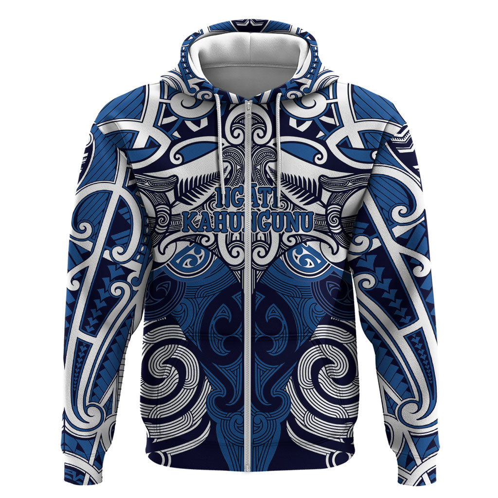 Personalised Maori Ngati Kahungunu Hoodie Silver Fern Kowhaiwhai Art LT01 Zip Hoodie Blue - Polynesian Pride