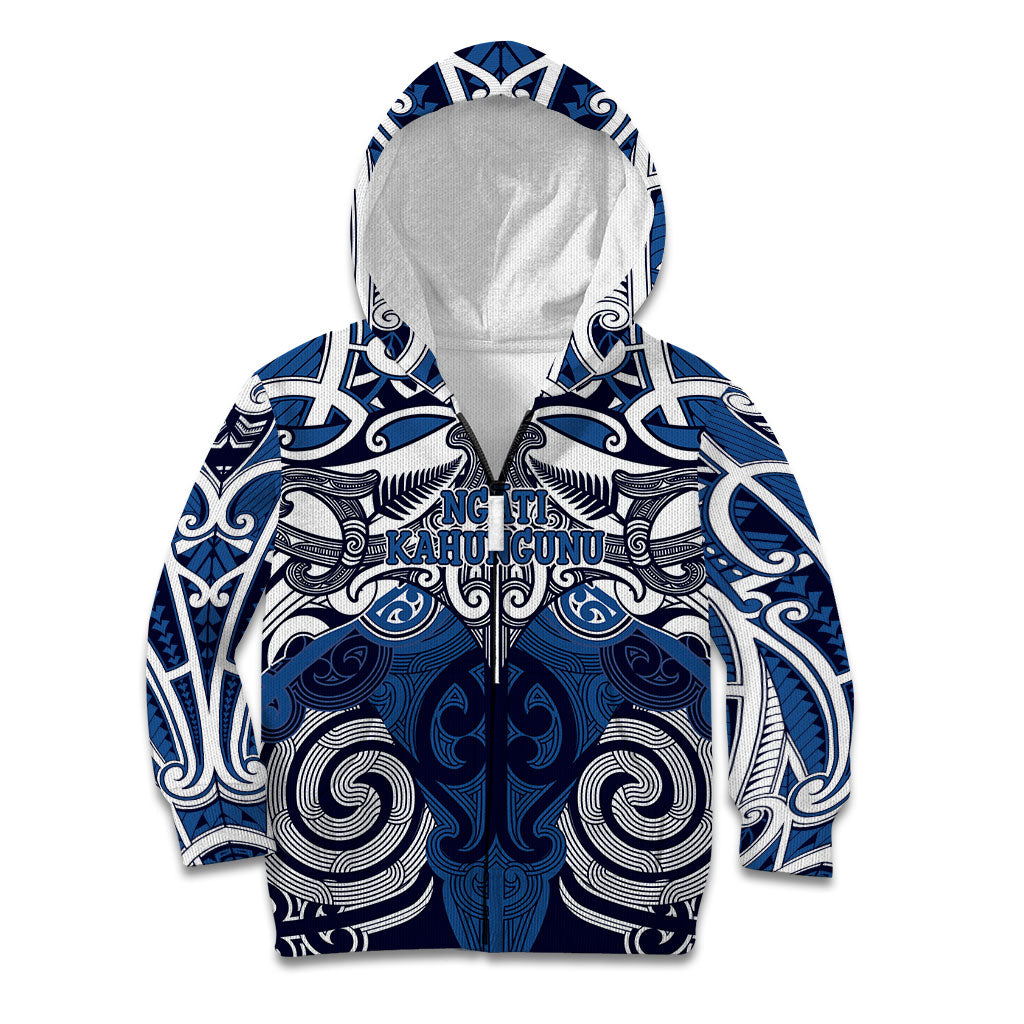 Personalised Maori Ngati Kahungunu Kid Hoodie Silver Fern Kowhaiwhai Art LT01 Zip Hoodie Blue - Polynesian Pride