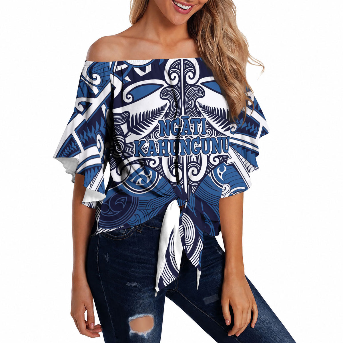 Personalised Maori Ngati Kahungunu Off Shoulder Wrap Waist Top Silver Fern Kowhaiwhai Art LT01 Blue - Polynesian Pride