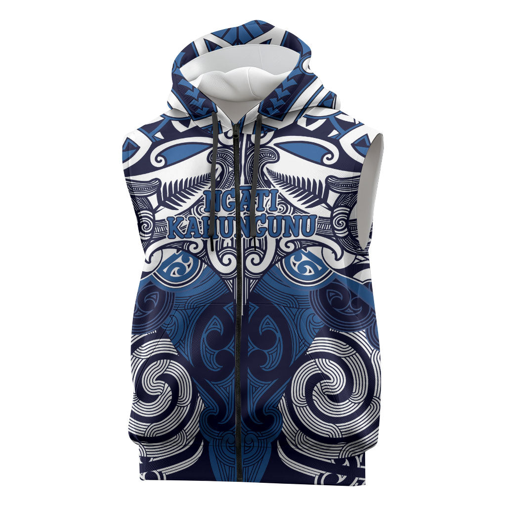 Personalised Maori Ngati Kahungunu Sleeveless Zip Hoodie Silver Fern Kowhaiwhai Art LT01 Blue - Polynesian Pride