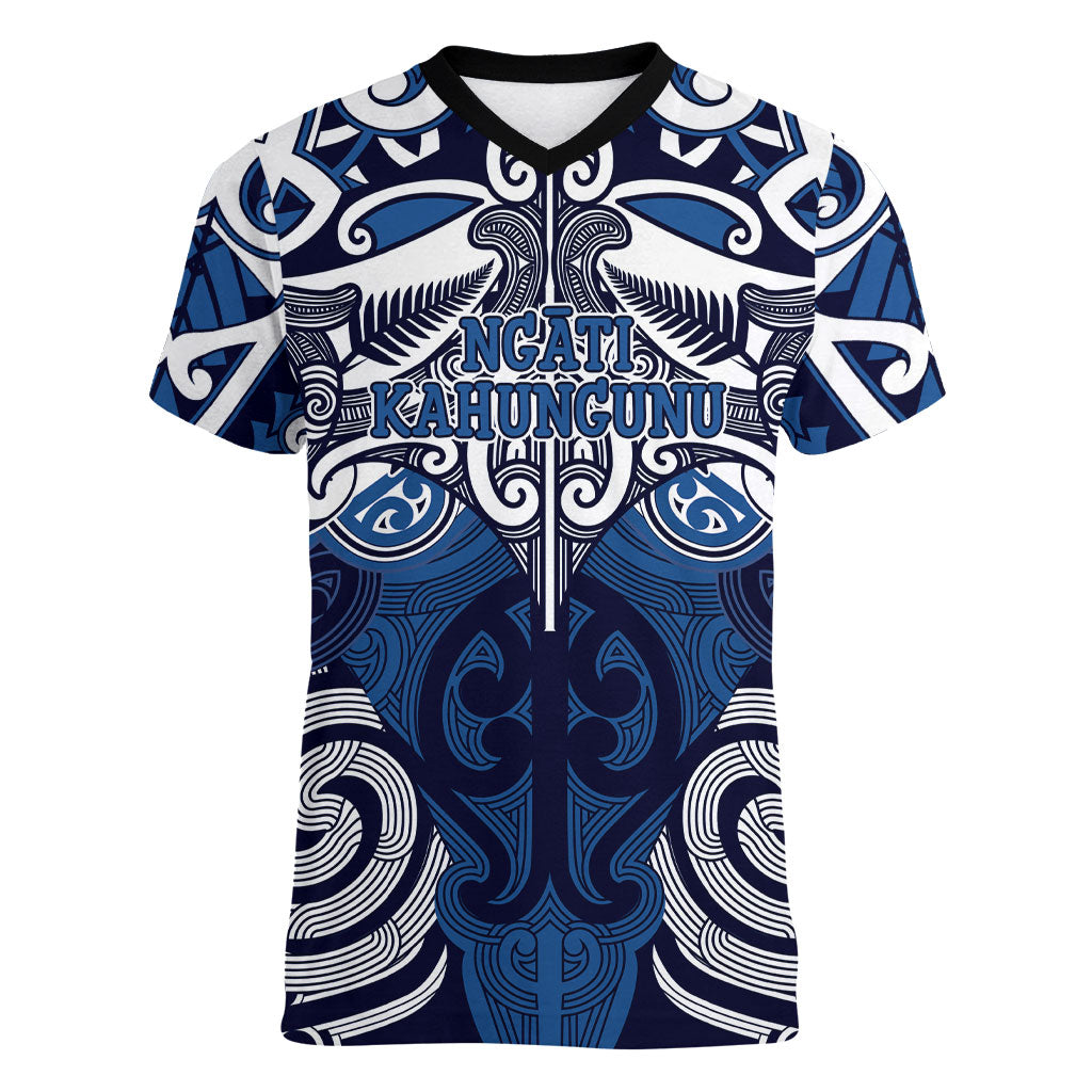 Personalised Maori Ngati Kahungunu Women V-Neck T-Shirt Silver Fern Kowhaiwhai Art LT01 Female Blue - Polynesian Pride