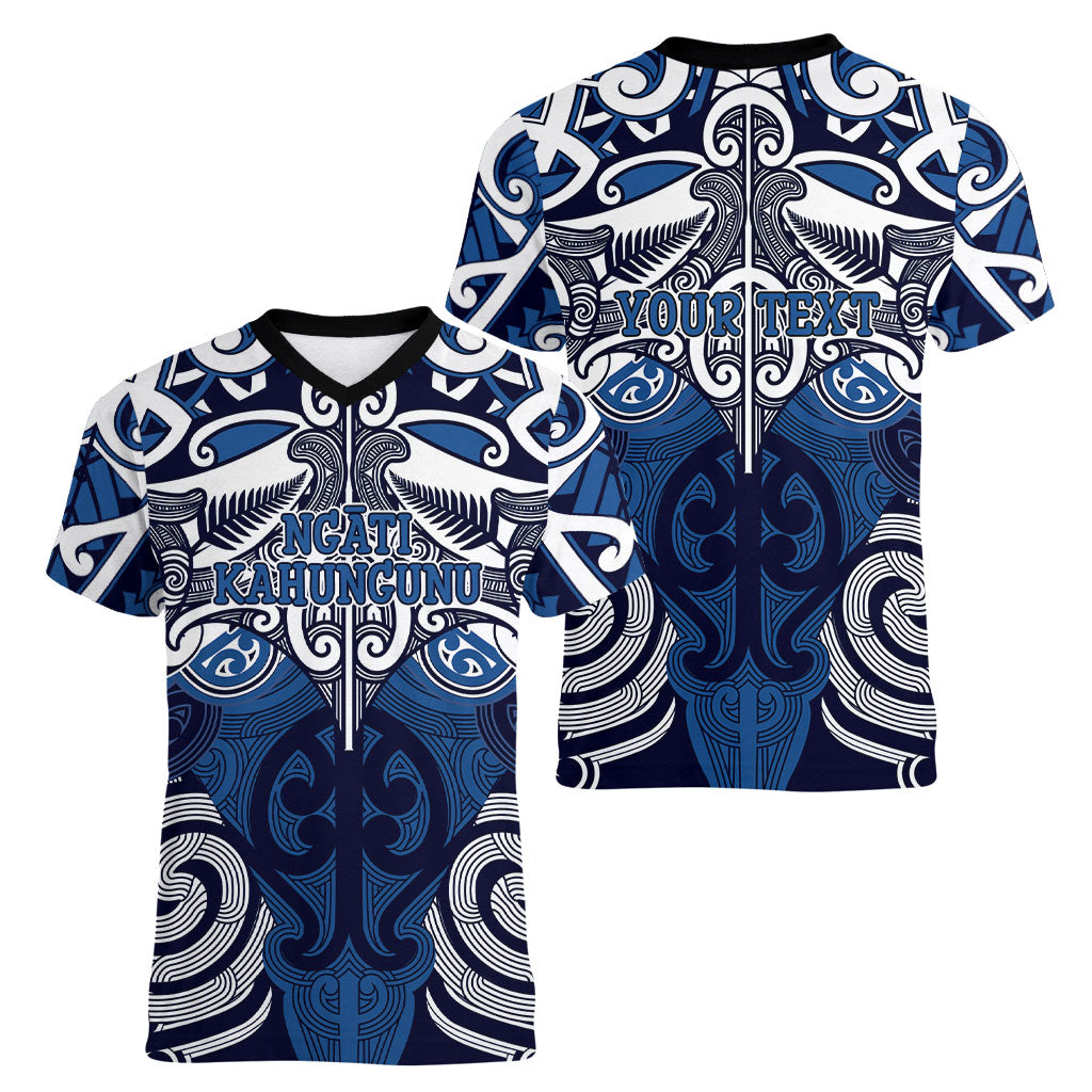 Personalised Maori Ngati Kahungunu Women V-Neck T-Shirt Silver Fern Kowhaiwhai Art LT01 - Polynesian Pride