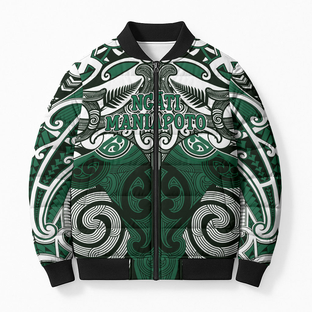 Personalised Maori Ngati Maniapoto Bomber Puffer Jacket Silver Fern Kowhaiwhai Art LT01 Unisex Green - Polynesian Pride