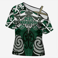 Personalised Maori Ngati Maniapoto Cross Shoulder Shirt Silver Fern Kowhaiwhai Art LT01 Female Green - Polynesian Pride