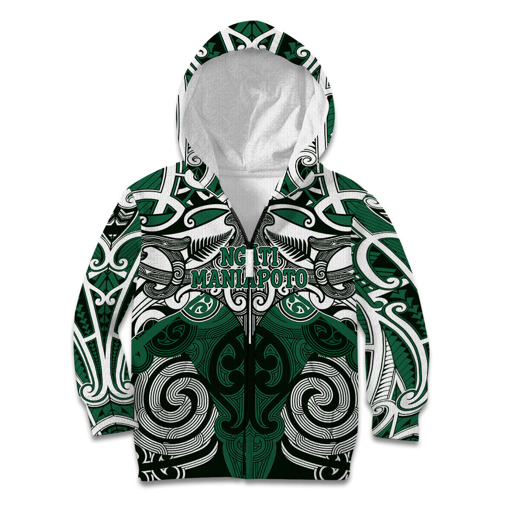 Personalised Maori Ngati Maniapoto Kid Hoodie Silver Fern Kowhaiwhai Art LT01 Zip Hoodie Green - Polynesian Pride