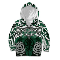 Personalised Maori Ngati Maniapoto Kid Hoodie Silver Fern Kowhaiwhai Art LT01 Zip Hoodie Green - Polynesian Pride