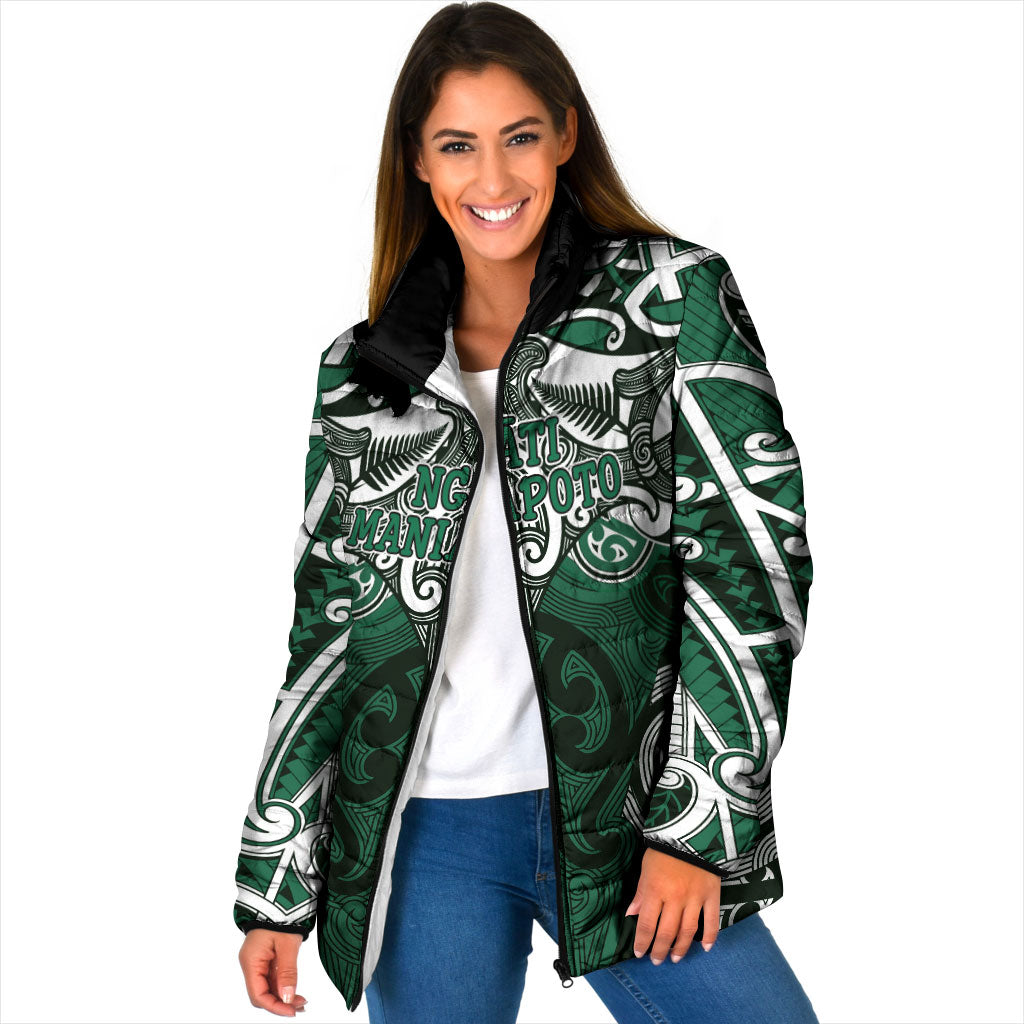 Personalised Maori Ngati Maniapoto Padded Jacket Silver Fern Kowhaiwhai Art LT01 Women Green - Polynesian Pride