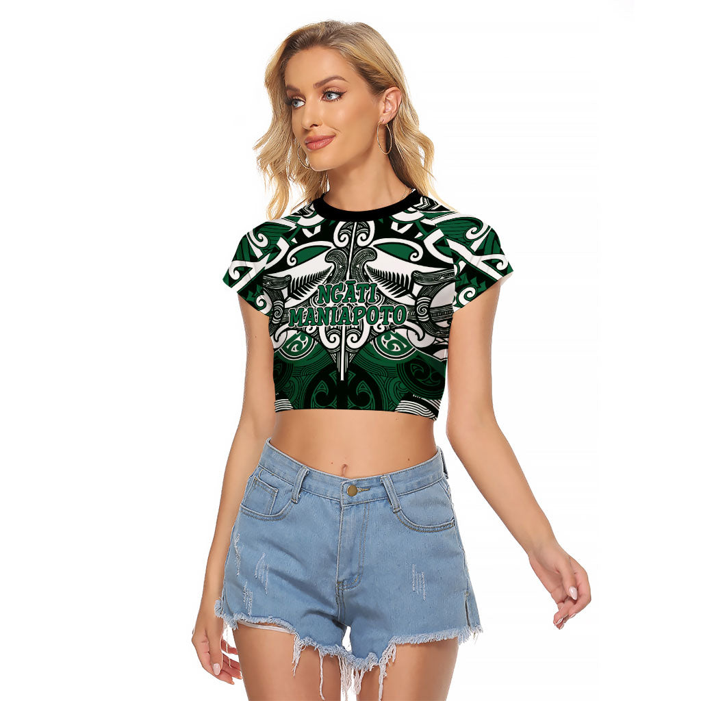 Personalised Maori Ngati Maniapoto Raglan Cropped T Shirt Silver Fern Kowhaiwhai Art LT01 Female Green - Polynesian Pride