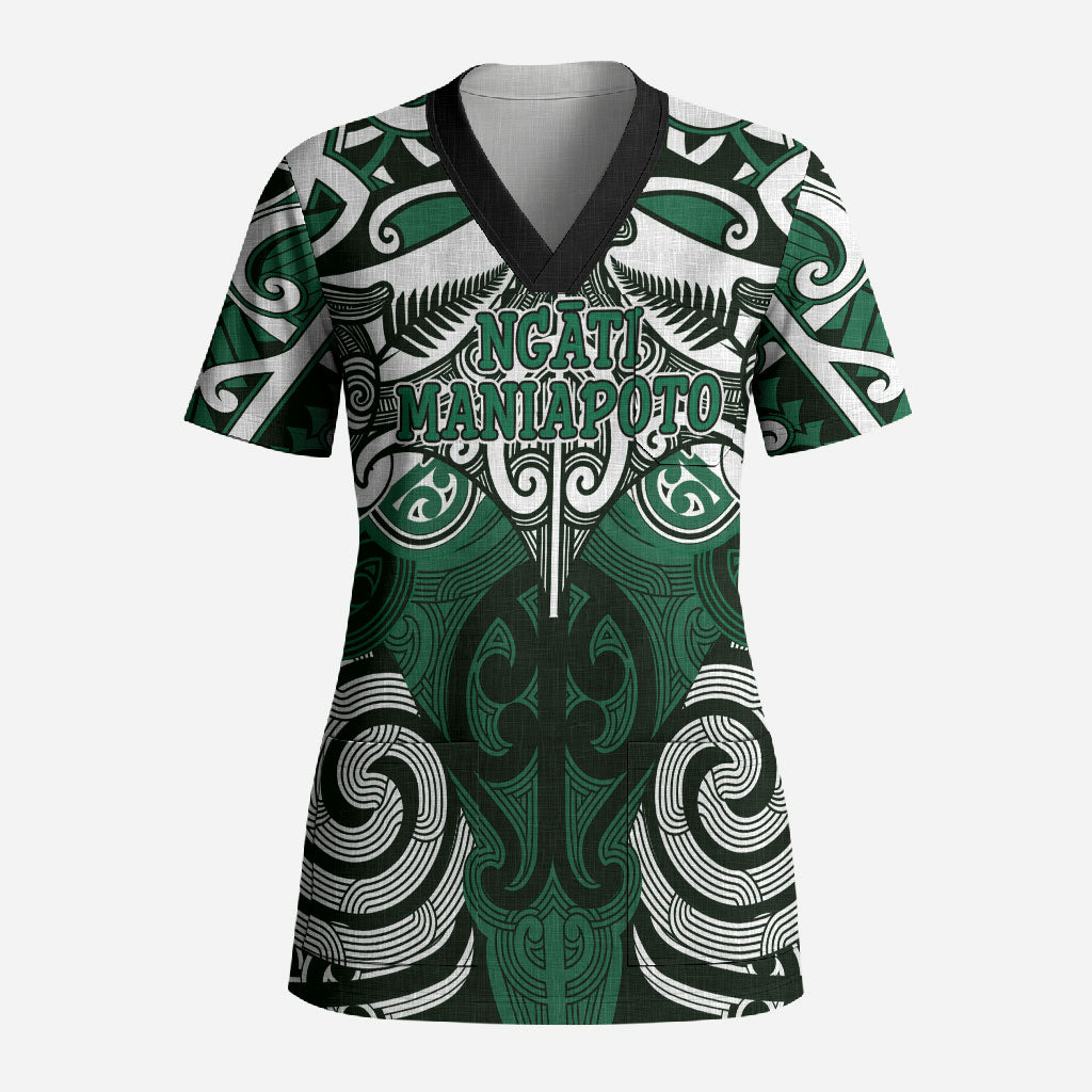 Personalised Maori Ngati Maniapoto Scrub Top Silver Fern Kowhaiwhai Art LT01 Adult Green - Polynesian Pride