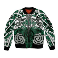 Personalised Maori Ngati Maniapoto Sleeve Zip Bomber Jacket Silver Fern Kowhaiwhai Art LT01 Unisex Green - Polynesian Pride