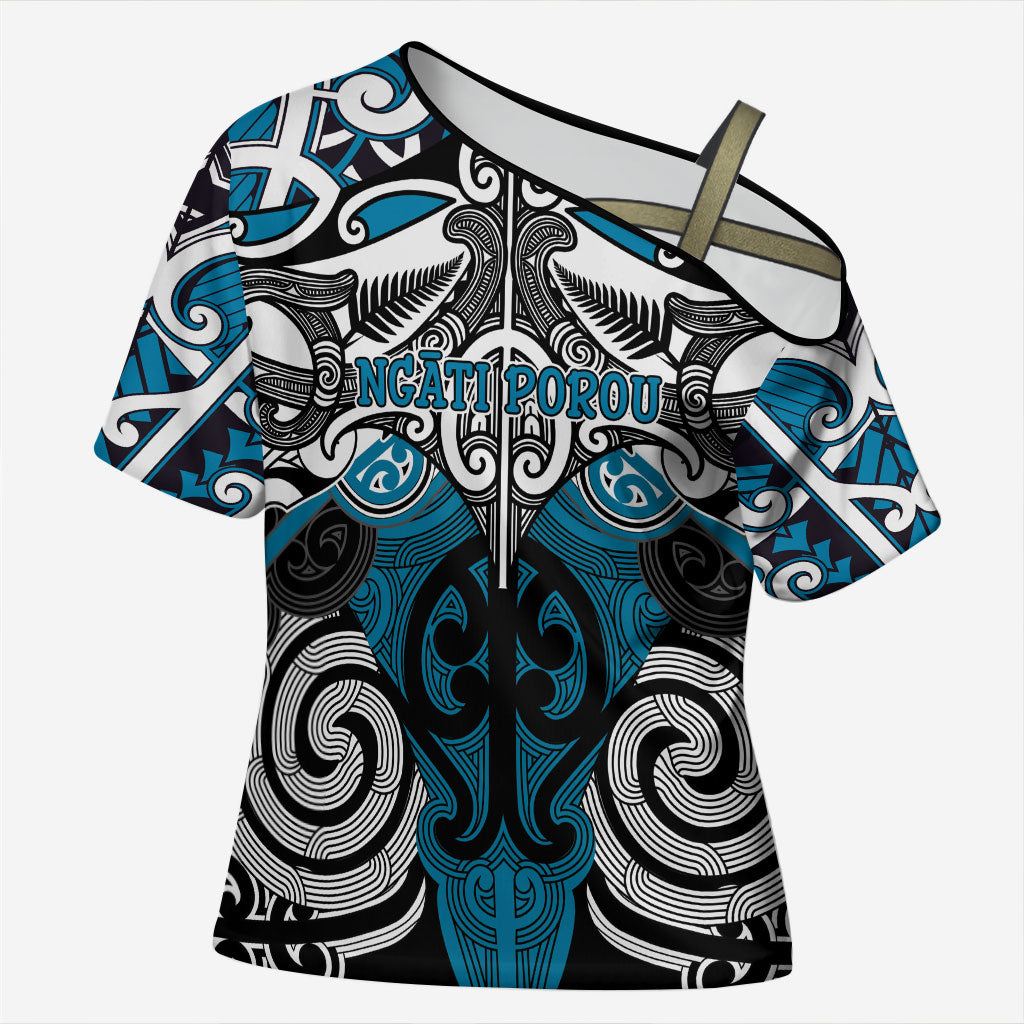 Personalised Maori Ngati Porou Cross Shoulder Shirt Silver Fern Kowhaiwhai Art LT01 Female Blue - Polynesian Pride