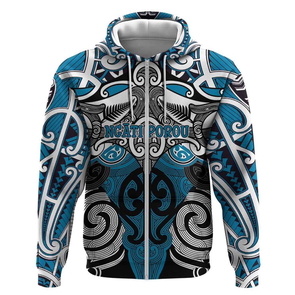 Personalised Maori Ngati Porou Hoodie Silver Fern Kowhaiwhai Art LT01 Zip Hoodie Blue - Polynesian Pride