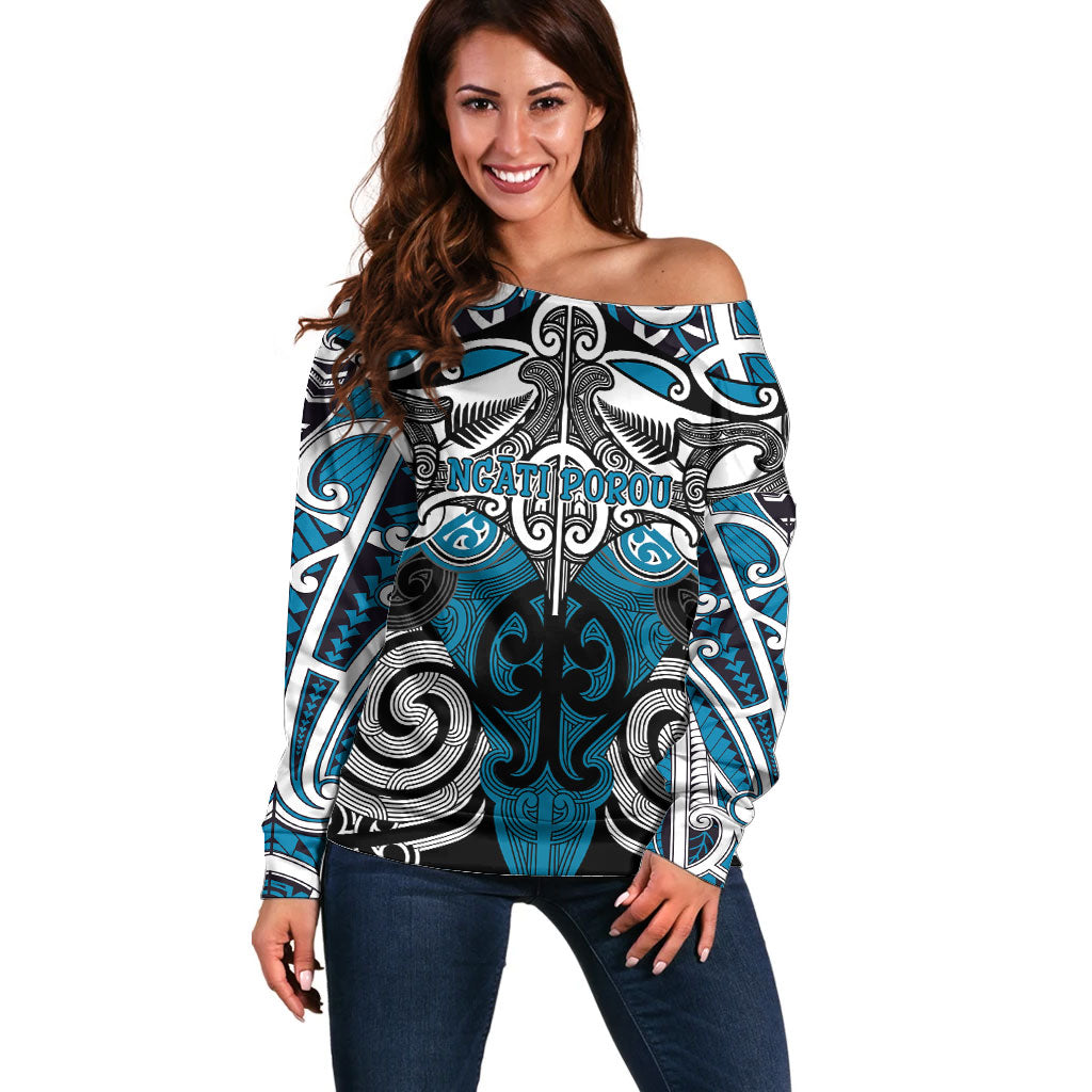 Personalised Maori Ngati Porou Off Shoulder Sweater Silver Fern Kowhaiwhai Art LT01 Women Blue - Polynesian Pride