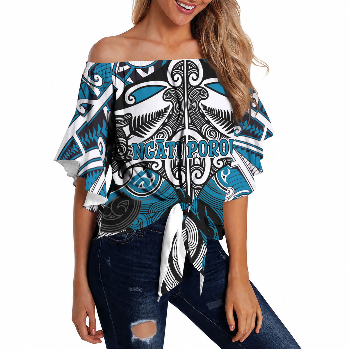 Personalised Maori Ngati Porou Off Shoulder Wrap Waist Top Silver Fern Kowhaiwhai Art LT01 Blue - Polynesian Pride