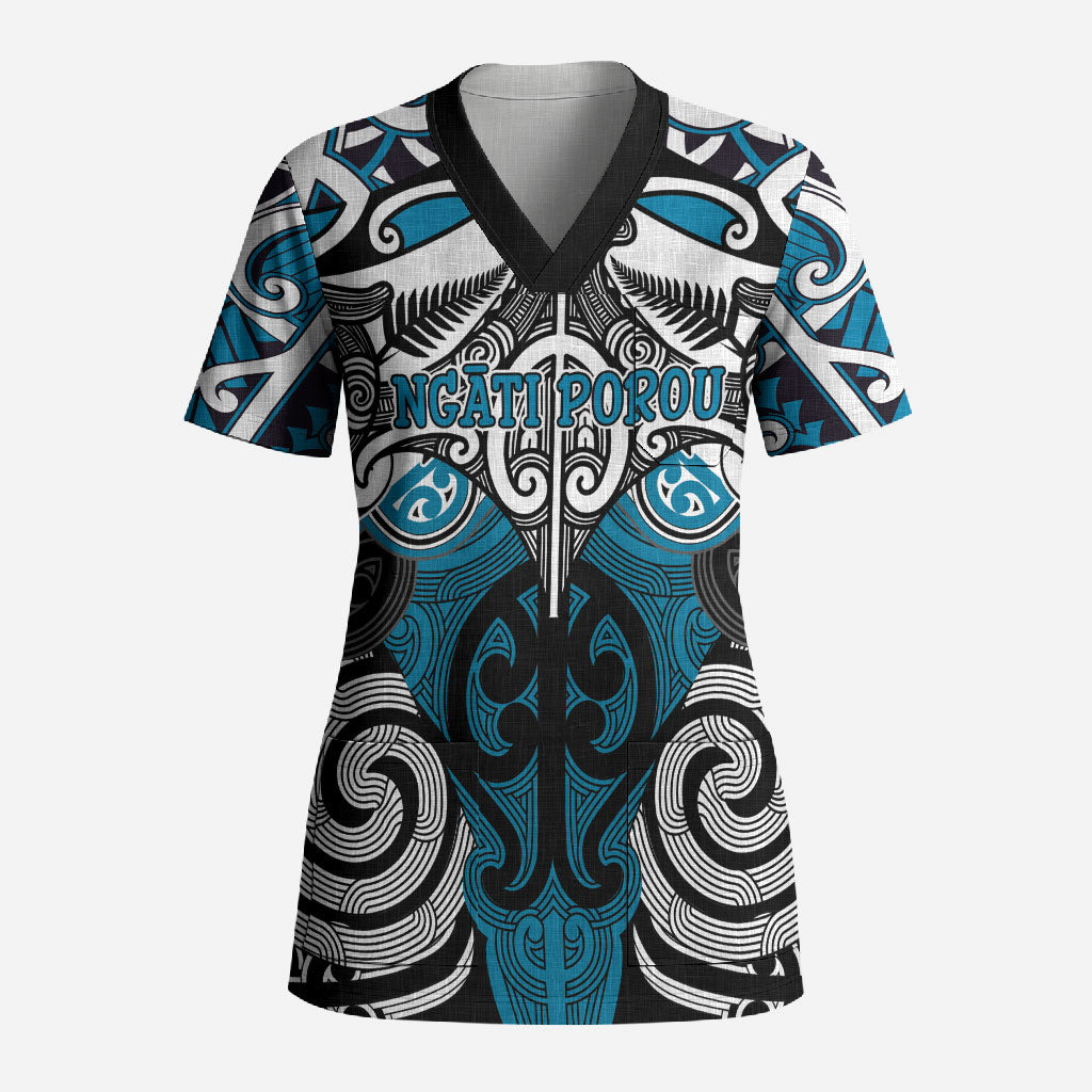 Personalised Maori Ngati Porou Scrub Top Silver Fern Kowhaiwhai Art LT01 Adult Blue - Polynesian Pride