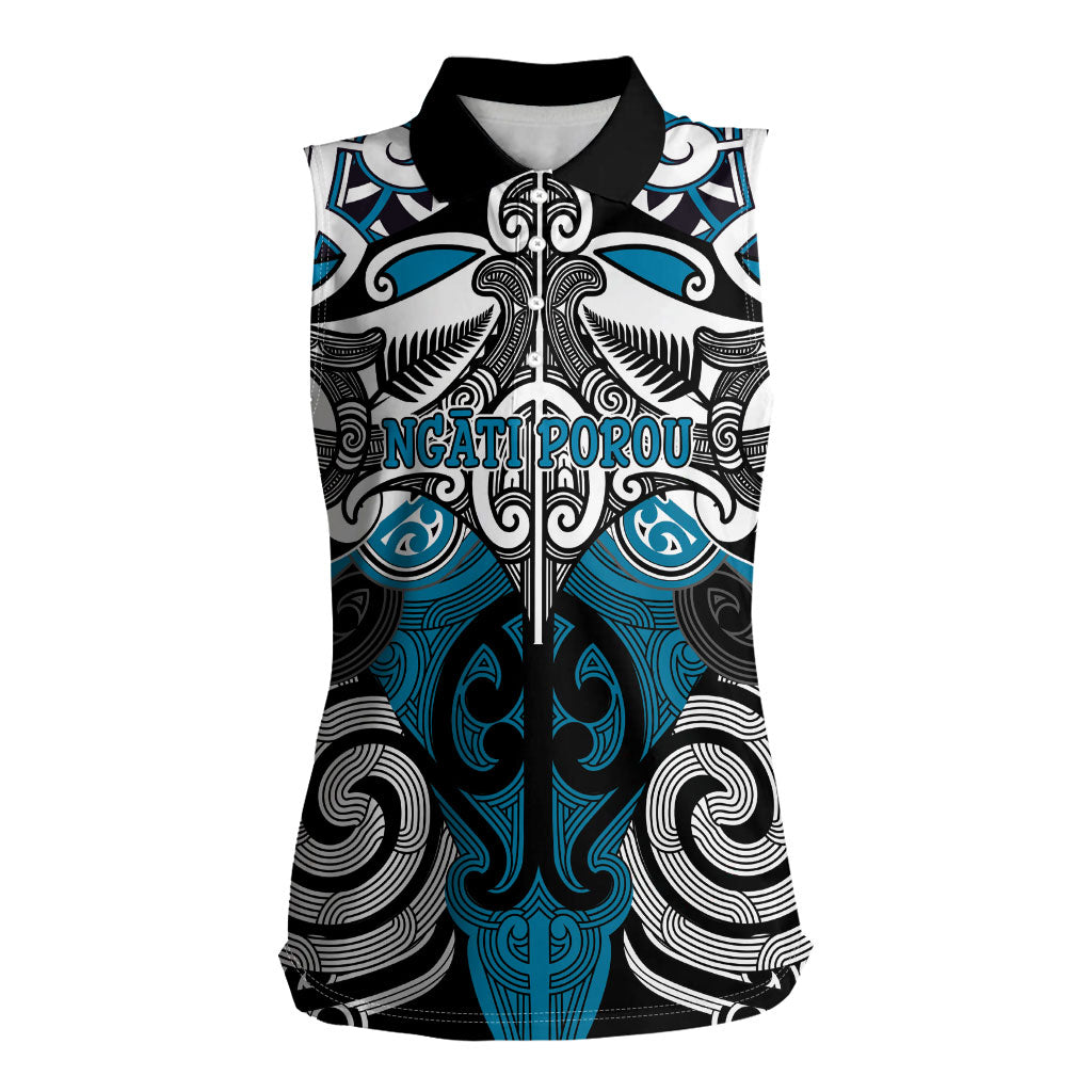Personalised Maori Ngati Porou Women Sleeveless Polo Shirt Silver Fern Kowhaiwhai Art LT01 Female Blue - Polynesian Pride