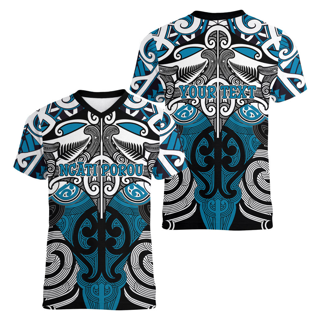 Personalised Maori Ngati Porou Women V-Neck T-Shirt Silver Fern Kowhaiwhai Art LT01 - Polynesian Pride