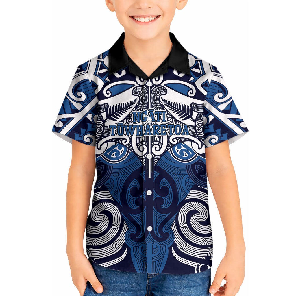 Personalised Maori Ngati Tuwharetoa Kid Hawaiian Shirt Silver Fern Kowhaiwhai Art LT01 Kid Blue - Polynesian Pride