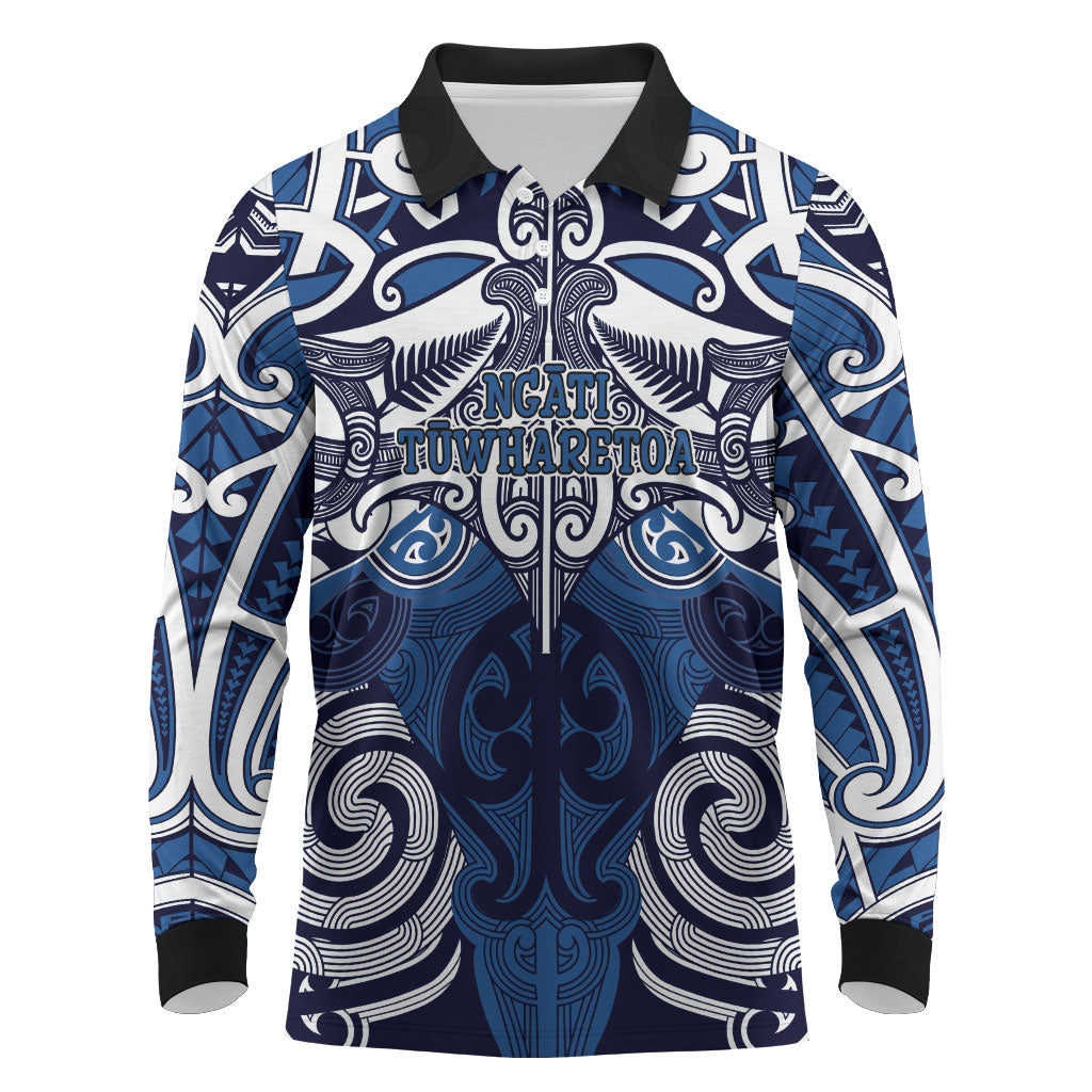 Personalised Maori Ngati Tuwharetoa Long Sleeve Polo Shirt Silver Fern Kowhaiwhai Art LT01 Blue - Polynesian Pride