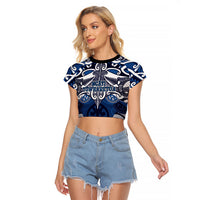 Personalised Maori Ngati Tuwharetoa Raglan Cropped T Shirt Silver Fern Kowhaiwhai Art LT01 Female Blue - Polynesian Pride