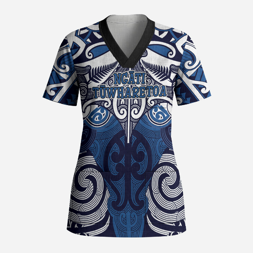 Personalised Maori Ngati Tuwharetoa Scrub Top Silver Fern Kowhaiwhai Art LT01 Adult Blue - Polynesian Pride
