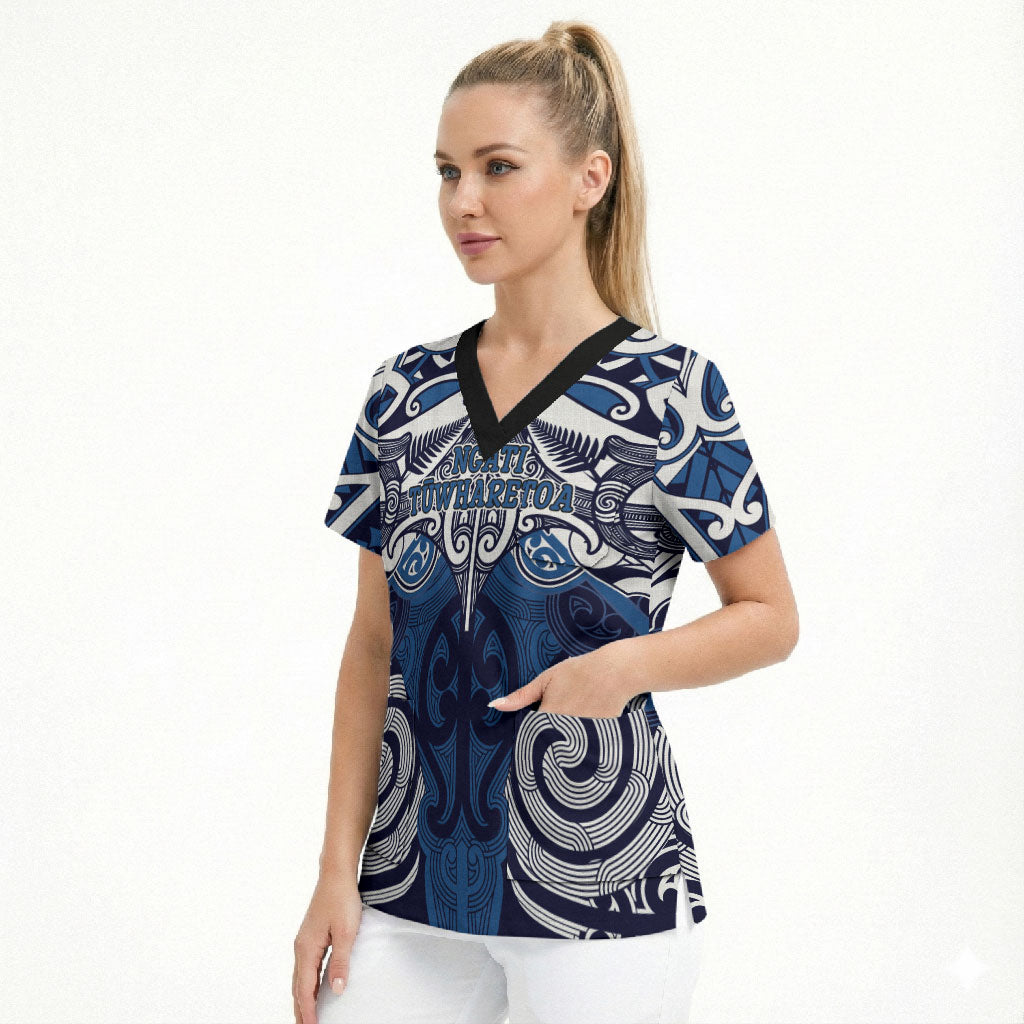 Personalised Maori Ngati Tuwharetoa Scrub Top Silver Fern Kowhaiwhai Art LT01 - Polynesian Pride