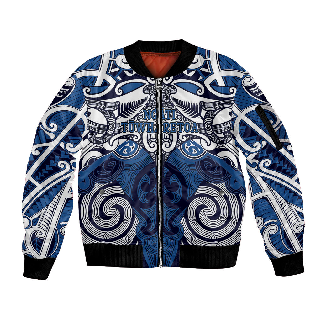 Personalised Maori Ngati Tuwharetoa Sleeve Zip Bomber Jacket Silver Fern Kowhaiwhai Art LT01 Unisex Blue - Polynesian Pride