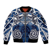 Personalised Maori Ngati Tuwharetoa Sleeve Zip Bomber Jacket Silver Fern Kowhaiwhai Art LT01 Unisex Blue - Polynesian Pride