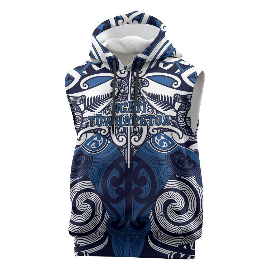 Personalised Maori Ngati Tuwharetoa Sleeveless Hoodie Silver Fern Kowhaiwhai Art LT01 Blue - Polynesian Pride