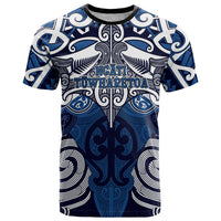 Personalised Maori Ngati Tuwharetoa T Shirt Silver Fern Kowhaiwhai Art LT01 Blue - Polynesian Pride