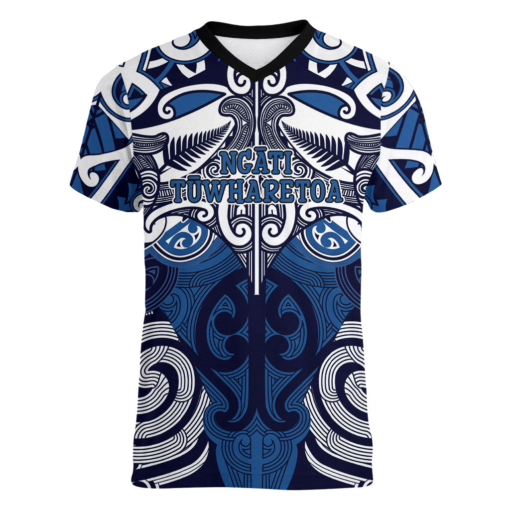 Personalised Maori Ngati Tuwharetoa Women V-Neck T-Shirt Silver Fern Kowhaiwhai Art LT01 Female Blue - Polynesian Pride
