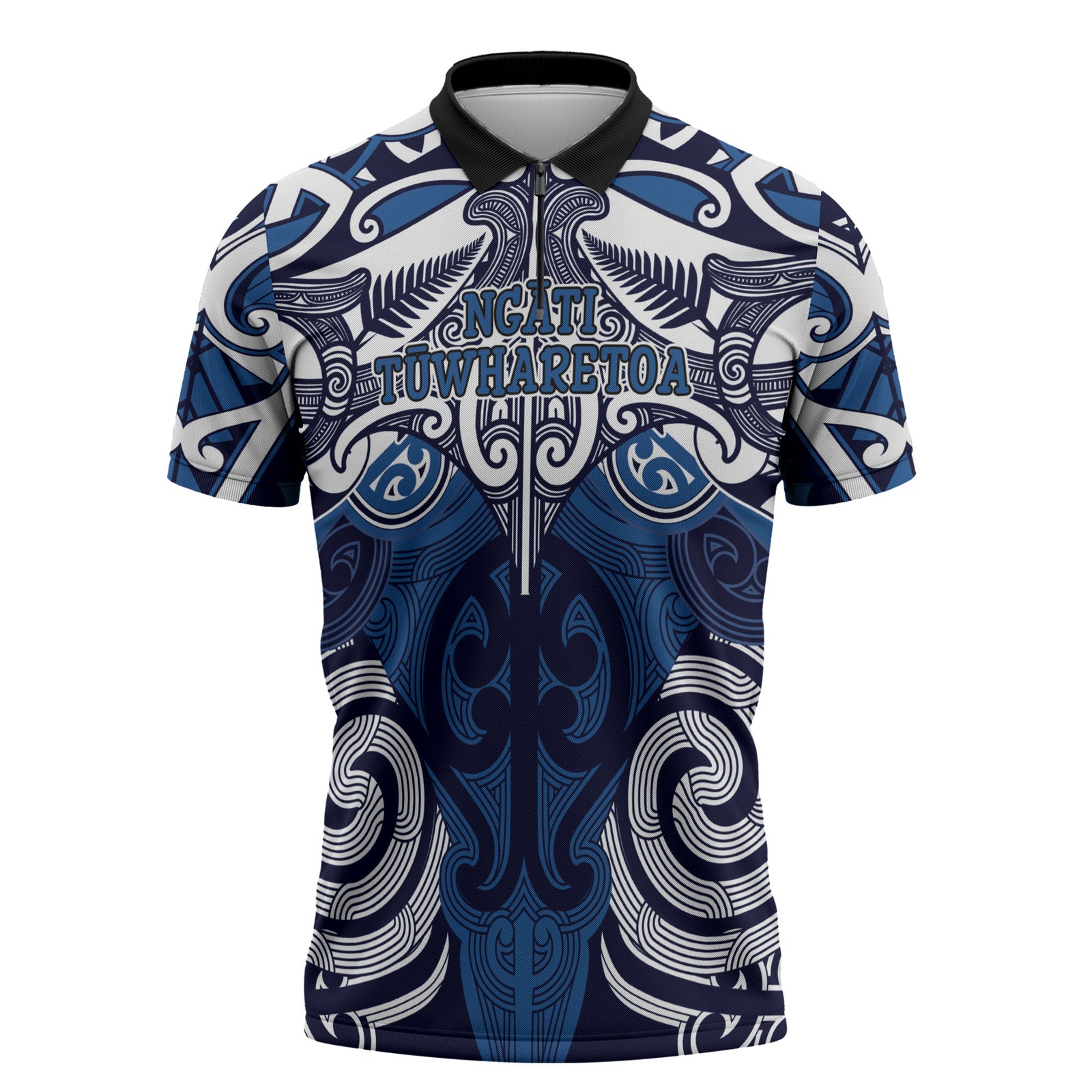 Personalised Maori Ngati Tuwharetoa Zipper Polo Shirt Silver Fern Kowhaiwhai Art LT01 Blue - Polynesian Pride