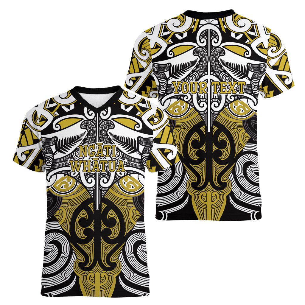 Personalised Maori Ngati Whatua Women V-Neck T-Shirt Silver Fern Kowhaiwhai Art LT01 - Polynesian Pride